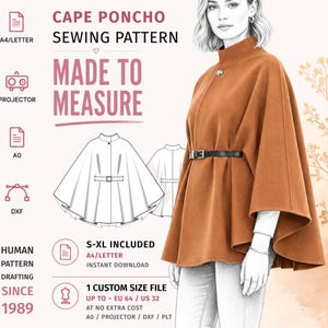 May include: A sewing pattern for a cape poncho featuring a brown garment illustration, a technical line drawing, and text including "CAPE PONCHO SEWING PATTERN," "MADE TO MEASURE," "S-XL INCLUDED," and "1 CUSTOM SIZE FILE UP TO - EU 64 / US 32."