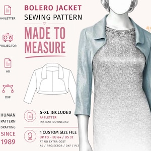 May include: A digital sewing pattern for a bolero jacket featuring text that reads BOLERO JACKET SEWING PATTERN, MADE TO MEASURE, S-XL INCLUDED, and 1 CUSTOM SIZE FILE UP TO EU 64 / US 32. The image displays a light blue bolero jacket over a dress.