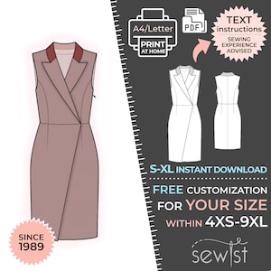 Könnte beinhalten: Ein druckbares Schnittmuster für ein ärmelloses Kleid mit Wickel-Oberteil und Kragen. Das Schnittmuster ist in den Größen 4XS-9XL erhältlich und beinhaltet Anleitungen. Der Text auf dem Bild lautet "TEXT instructions SEWING EXPERIENCE ADVISED", "A4/Letter PDF", "PRINT AT HOME", "S-XL INSTANT DOWNLOAD", "FREE CUSTOMIZATION FOR YOUR SIZE WITHIN 4XS-9XL", und "sewist SINCE 1989".