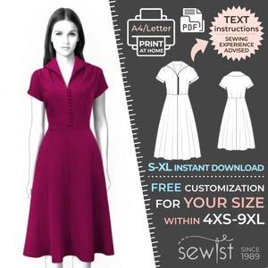 May include: A magenta dress with a collared neckline and button-down front is shown alongside a sewing pattern diagram. The image includes text such as "A4/Letter PRINT AT HOME", "S-XL INSTANT DOWNLOAD", and "FREE CUSTOMIZATION FOR YOUR SIZE WITHIN 4XS-9XL".