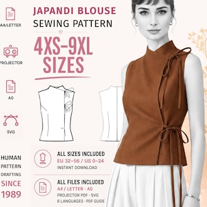 May include: A sewing pattern for a sleeveless wrap blouse with a high collar and side ties. The text reads JAPANDI BLOUSE SEWING PATTERN, 4XS-9XL SIZES, HUMAN PATTERN DRAFTING SINCE 1989, ALL SIZES INCLUDED EU 32-56 / US 0-24, and ALL FILES INCLUDED A4/LETTER A0.