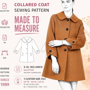 Puede incluir: Un patrón de costura para abrigo con cuello con el texto COLLARED COAT SEWING PATTERN, MADE TO MEASURE, S-XL INCLUDED y 1 CUSTOM SIZE FILE UP TO EU 64 / US 32. La imagen muestra un abrigo marrón con botones negros y un dibujo técnico.