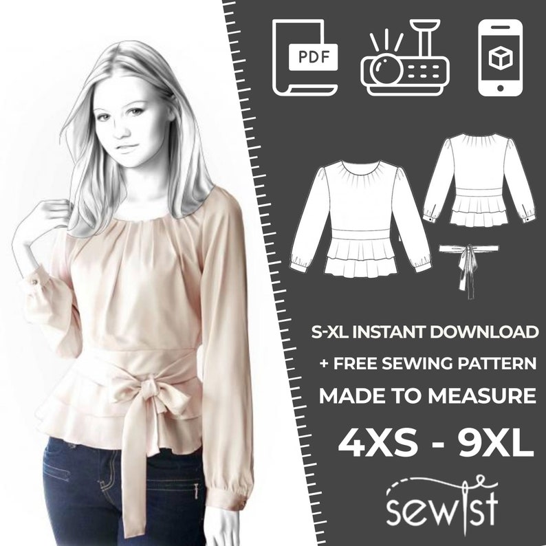 4253 PDF Bluse Schnittmuster S-M-L-XL oder Maßanfertigung Schnittmuster PDF Download Bild 1