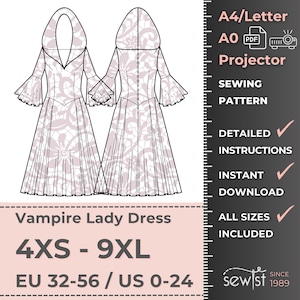 Op de afbeelding: Een naaipatroon voor een Vampire Lady jurk, met een capuchon, uitlopende mouwen en een volle rok. Het patroon bevat maten 4XS tot 9XL en is direct te downloaden. Gedetailleerde instructies zijn inbegrepen.