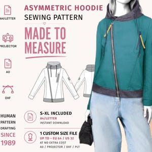 Pode incluir: Um molde de costura para moletom com capuz assimétrico, apresentando uma jaqueta verde-azulada com capuz e bainha cinza-escura. O texto diz ASYMMETRIC HOODIE SEWING PATTERN, MADE TO MEASURE, S-XL INCLUDED e 1 CUSTOM SIZE FILE UP TO EU 64 / US 32.
