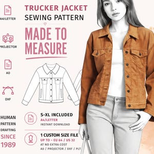 Può includere: Un cartamodello per giacca trucker con il testo TRUCKER JACKET SEWING PATTERN, MADE TO MEASURE e HUMAN PATTERN DRAFTING SINCE 1989. La grafica include icone per i formati di file A4/LETTER, PROJECTOR, A0 e DXF.