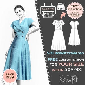 May include: A printable sewing pattern for a blue dress with a double-breasted closure and short sleeves. The pattern is available in sizes 4XS-9XL and includes text instructions. "Sewing experience advised."