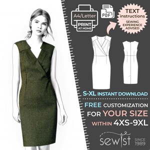 Puede incluir: Un patrón de costura digital para un vestido de envoltura sin mangas. El patrón está disponible en tallas S-XL y se puede personalizar para tallas 4XS-9XL. El patrón está disponible para descarga instantánea e incluye instrucciones de texto. Se recomienda experiencia en costura.
