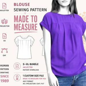 May include: A purple blouse with short sleeves and a pleated front neckline. The image includes text: BLOUSE SEWING PATTERN, MADE TO MEASURE, S-XL BUNDLE, HUMAN PATTERN DRAFTING SINCE 1989, A4/LETTER, PROJECTOR, A0, DXF, 1 CUSTOM SIZE FILE, ANY FORMAT.
