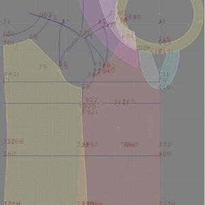 May include: A digital sewing pattern layout featuring overlapping translucent shapes in olive, purple, and blue. The design includes various alphanumeric labels such as C9P, J5, T20H, and 061P, with thin dark blue lines indicating cutting paths and construction points.