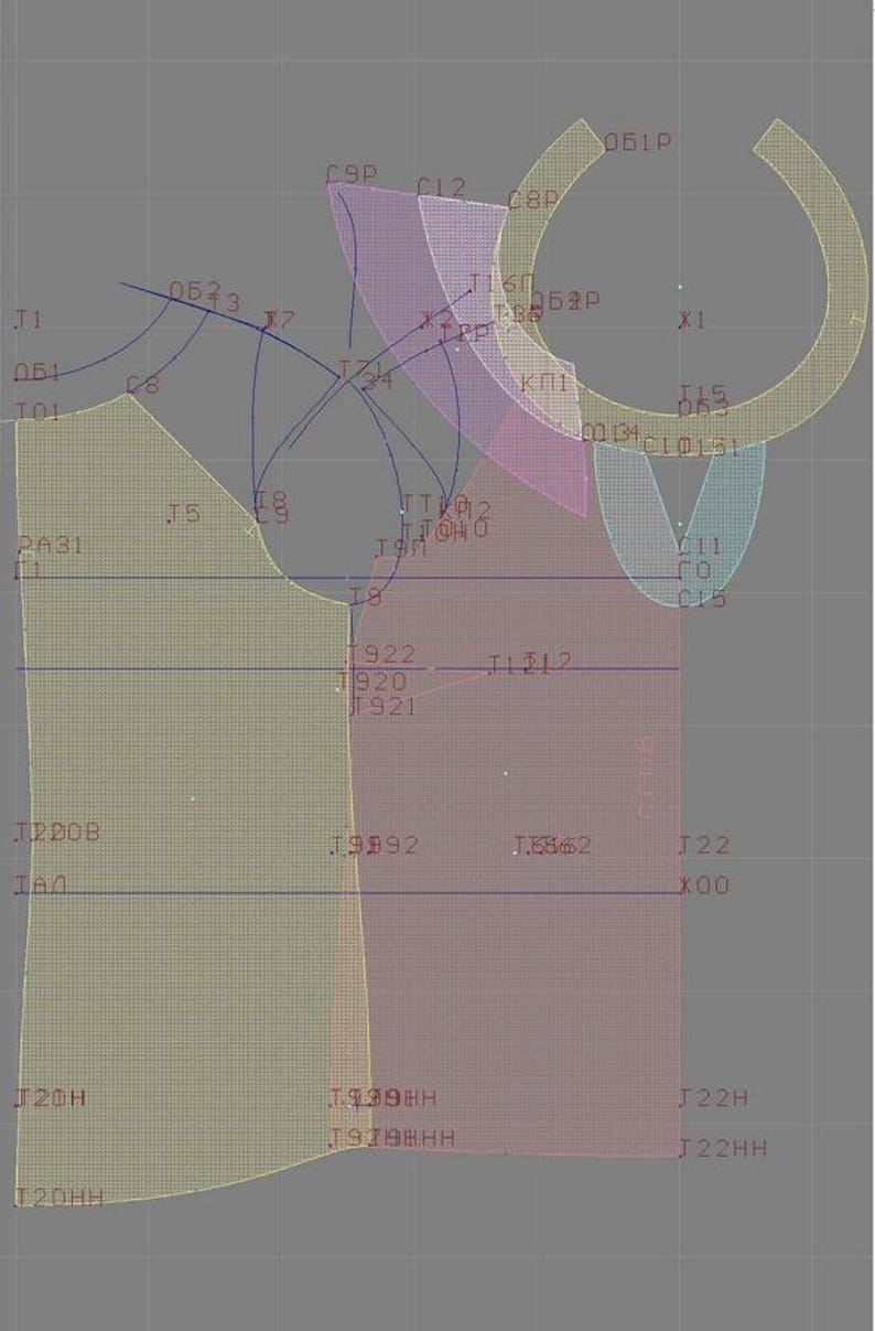 May include: A digital sewing pattern layout featuring overlapping translucent shapes in olive, purple, and blue. The design includes various alphanumeric labels such as C9P, J5, T20H, and 061P, with thin dark blue lines indicating cutting paths and construction points.
