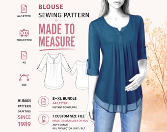 Chiffon Yoke Blouse Pattern · Button Front Tunic · S–XL + Custom Size