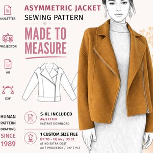 Asymmetrisk dragkedjajacka sömnadsmönster PDF · Kavaj med hackigt slag · S–XL + Anpassad storlek