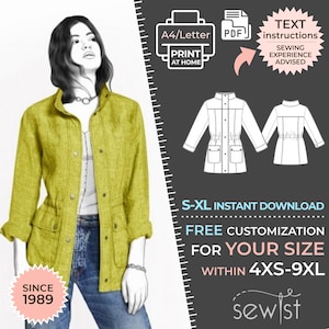 May include: A digital sewing pattern for a yellow jacket with a drawstring waist and pockets. The pattern is available in sizes S-XL and can be customized for sizes 4XS-9XL. The pattern is an instant download and includes text instructions. Sewing experience is advised.