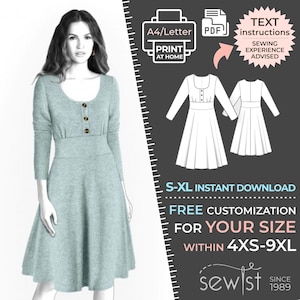 Könnte beinhalten: Ein digitales Schnittmuster für ein langärmeliges Kleid mit einem taillierten Oberteil und einem ausgestellten Rock. Das Schnittmuster ist in den Größen S-XL erhältlich und kann für die Größen 4XS-9XL angepasst werden. Das Schnittmuster ist als sofortiger Download verfügbar und enthält schriftliche Anweisungen. Näherfahrung wird empfohlen.