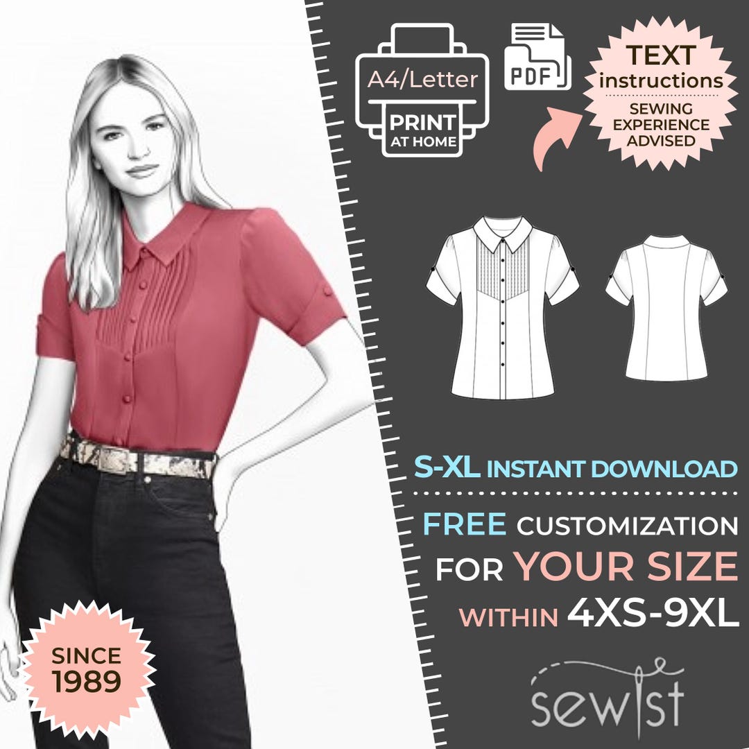 Short Sleeve Womens Collared Shirt Pattern Free 2183 PDF Blouse Sewing  Pattern S-M-L-XL Or Made, image size:1080x1080