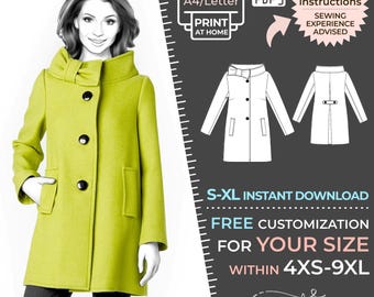 May include: A printable sewing pattern for a green coat with a high collar and button closure. The pattern is available in sizes S-XL and 4XS-9XL. The pattern is available for instant download and includes free customization. The text on the image reads "TEXT instructions SEWING EXPERIENCE ADVISED".