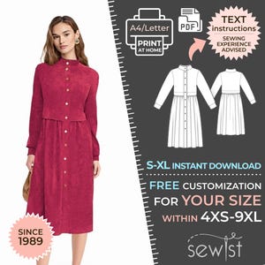 Könnte beinhalten: Ein druckbares Schnittmuster für ein langes Kleid mit langen Ärmeln, Knopfleiste vorne und einem gerafften Rock. Das Schnittmuster ist in den Größen S-XL erhältlich und kann für die Größen 4XS-9XL angepasst werden. Das Schnittmuster steht zum sofortigen Download bereit und enthält schriftliche Anweisungen. Näherfahrung wird empfohlen.