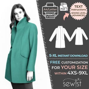 May include: A teal coat sewing pattern with instructions for sizes XS-9XL. The pattern is available as an instant download and includes free customization for your size. The pattern is for an advanced sewing level.