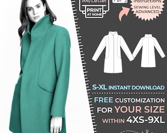 May include: A teal coat sewing pattern with instructions for sizes XS-9XL. The pattern is available as an instant download and includes free customization for your size. The pattern is for an advanced sewing level.