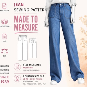Puede incluir: Un patrón de costura digital para jeans de mezclilla azul con silueta de pierna ancha y bolsillos delanteros. El gráfico incluye el texto: JEAN SEWING PATTERN, MADE TO MEASURE, HUMAN PATTERN DRAFTING SINCE 1989, S-XL INCLUDED, A4/LETTER, PROJECTOR, A0, DXF.