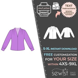 Peut inclure: Patron de couture numérique pour un chemisier violet à manches longues et col en V. Le patron est disponible en téléchargement dans les tailles S-XL et peut être personnalisé pour les tailles 4XS-9XL. Le patron comprend des instructions textuelles et est recommandé aux couturières ayant de l'expérience.