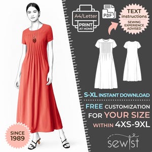 May include: A printable sewing pattern for a maxi dress with a pleated bodice. The pattern is available in sizes 4XS to 9XL and includes instructions for sewing. The pattern is available for instant download.