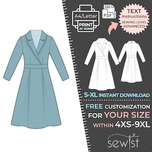 Könnte beinhalten: Ein druckbares Schnittmuster für ein blaues Wickelkleid mit langen Ärmeln. Das Schnittmuster ist in den Größen 4XS-9XL erhältlich und enthält Anweisungen für ein fortgeschrittenes Nähniveau. Das Schnittmuster steht zum sofortigen Download bereit.
