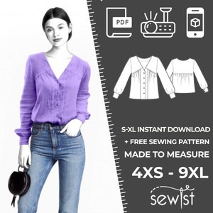 2374 PDF Blouse Sewing Pattern - S-M-L-XL or Made to Measure Sewing Pattern PDF Download