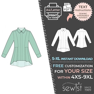 May include: A light green shirt pattern illustration with long sleeves, a collar, and pleats. The design features a high-low hem. The image includes text indicating it's an instant download, free size customisation from 4XS-9XL, and sewing experience is advised.