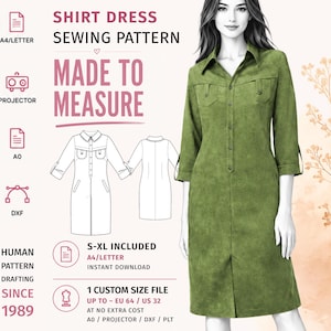 May include: A digital sewing pattern for a knee-length olive green shirt dress with a collar, button-down front, and two chest pockets. The graphic includes technical line drawings, text labels for A4, Letter, A0, and DXF formats, and sizing info.