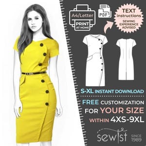 Könnte beinhalten: Ein digitales Schnittmuster für ein gelbes Kleid mit einer diagonalen Naht und Knopfdetails. Das Schnittmuster ist in den Größen S-XL erhältlich und kann für die Größen 4XS-9XL angepasst werden. Das Schnittmuster ist ein sofortiger Download und enthält Textanweisungen. Näherfahrung wird empfohlen.
