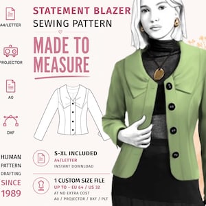 May include: A sewing pattern for a statement blazer featuring a light green jacket with a wide collar and four black buttons. The design includes text: Statement Blazer Sewing Pattern, Made to Measure, S-XL Included, and Human Pattern Drafting Since 1989.