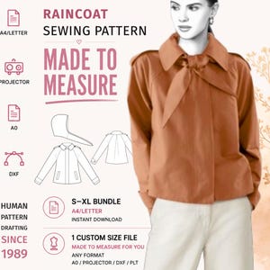 May include: A digital sewing pattern for a raincoat featuring a brown jacket with a large collar and tie-neck detail. The graphic includes text reading RAINCOAT SEWING PATTERN, MADE TO MEASURE, and S-XL BUNDLE, along with icons for A4, Letter, A0, and DXF formats.
