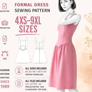 Könnte beinhalten: Ein Schnittmuster für ein formelles Kleid in den Größen 4XS-9XL, inklusive A4-, Letter-, A0-, Projektor- und SVG-Dateien. Das Design zeigt ein ärmelloses rosa Kleid mit eng anliegendem Oberteil und gerafftem Rock sowie Angaben zu EU 32-56 und US 0-24.