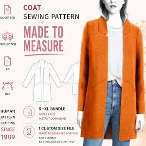 May include: A digital sewing pattern for a coat, featuring text including COAT SEWING PATTERN, MADE TO MEASURE, and HUMAN PATTERN DRAFTING SINCE 1989. The image displays a technical line drawing of a coat and a photograph of a person wearing an orange coat.