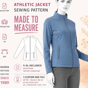 Puede incluir: Un patrón de costura para chaqueta deportiva que muestra una chaqueta azul con cuello alto, cremallera completa y dos bolsillos con cremallera. El gráfico incluye el texto: ATHLETIC JACKET SEWING PATTERN, MADE TO MEASURE, S-XL INCLUDED, HUMAN PATTERN DRAFTING SINCE 1989.