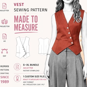 May include: A rust-coloured vest with a V-neckline and an asymmetrical button closure, paired with grey pleated trousers. The image includes text: VEST SEWING PATTERN, MADE TO MEASURE, S-XL BUNDLE, HUMAN PATTERN DRAFTING SINCE 1989, and file format icons.