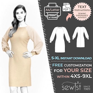 Könnte beinhalten: Ein digitales Schnittmuster für ein Kleid mit Rundhalsausschnitt und langen Ärmeln. Das Schnittmuster ist in den Größen S-XL erhältlich und kann für die Größen 4XS-9XL angepasst werden. Das Schnittmuster steht zum sofortigen Download bereit und enthält schriftliche Anweisungen. A4/Letter PDF ZU HAUSE DRUCKEN.