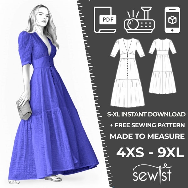 2124 Women's Dress Sewing Pattern PDF - S,M,L,XL / Custom Size - Elegant Wedding, Office, Summer Dress, Simple Guide, Plus Sizes Petite-Tall