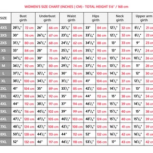 May include: A size chart table with black text on a white background, titled SIZE CHART (INCHES | CM) - TOTAL HEIGHT 5'6" / 168 cm. It lists sizes from 4XS to 9XL with corresponding measurements for bust, underbust, waist, hips, neck, and upper arm girth.