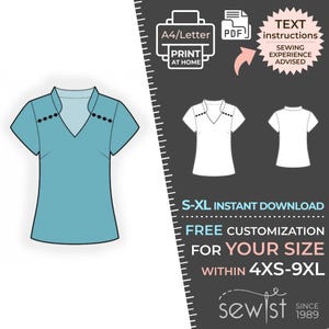 May include: A printable sewing pattern for a blue v-neck t-shirt with short sleeves. The pattern is available in sizes S-XL and can be customized for sizes 4XS-9XL. The pattern is an instant download and includes text instructions. Sewing experience is advised.