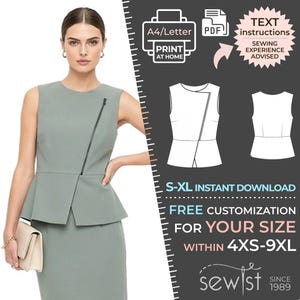 2247 Blouse with slanted zipper Women Sewing Pattern S-M-L-XL A4/Letter PDF Download + 1 Made to Measure In Your Size/Format