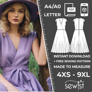 Könnte beinhalten: Eine digitale Illustration eines Wickelkleides mit kurzen Ärmeln. Das Kleid wird in Vorder- und Rückansicht gezeigt. Der Text "A4/A0 LETTER" befindet sich oben im Bild. Der Text "INSTANT DOWNLOAD + FREE SEWING PATTERN MADE TO MEASURE 4XS - 9XL sewist" befindet sich unten im Bild.
