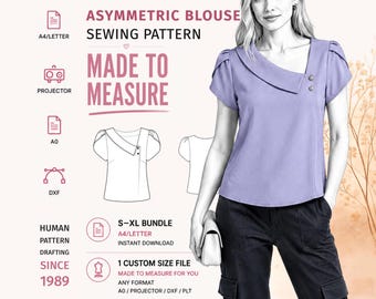 Asymmetric Blouse Sewing Pattern PDF · Puff Sleeve Top · S–XL + Custom Size