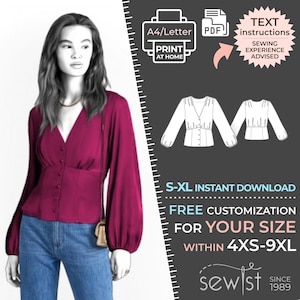 May include: A digital sewing pattern for a blouse with a V-neckline, long sleeves, and button closure. The pattern is available in sizes S-XL and can be customized for sizes 4XS-9XL. The pattern is available for instant download and includes text instructions. Sewing experience is advised.