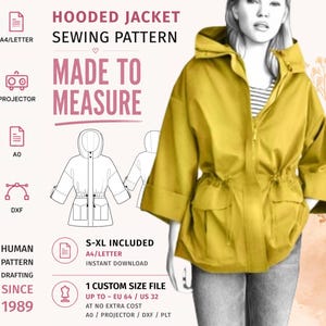 May include: A sewing pattern for a hooded jacket with text including HOODED JACKET SEWING PATTERN, MADE TO MEASURE, S-XL INCLUDED, and 1 CUSTOM SIZE FILE UP TO EU 64 / US 32. The image shows a yellow jacket with a hood, three-quarter sleeves, and pockets.