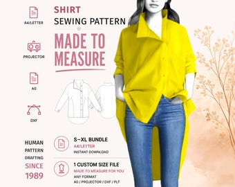 Schnittmuster für ein asymmetrisches Hemd (PDF) · Oversize-Hemd mit asymmetrischem Saum und Knopfleiste · Größen S–XL + Sonderanfertigungen