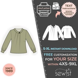Peut inclure: Patron de couture numérique pour un chemisier à manches longues avec un col boutonné. Le patron est disponible en tailles S-XL et peut être personnalisé pour les tailles 4XS-9XL. Le patron est disponible en téléchargement instantané et comprend des instructions textuelles.  "Expérience de couture conseillée."