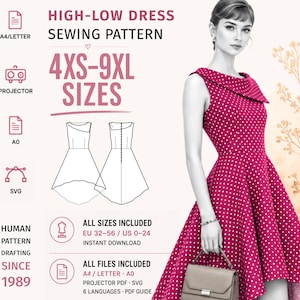 Peut inclure: Un patron de couture pour robe haute-basse présentant une robe magenta à pois blancs, un col bénitier et un corsage sans manches. Le graphique inclut le texte : HIGH-LOW DRESS SEWING PATTERN, 4XS-9XL SIZES, HUMAN PATTERN DRAFTING SINCE 1989 et les tailles EU 32-56 / US 0-24.